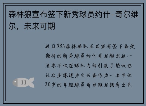 森林狼宣布签下新秀球员约什-奇尔维尔，未来可期